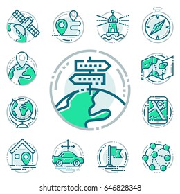 Navigation direction maps sign traffic and more thin line icons set vector illustration