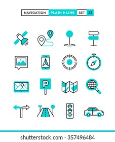 Navigation, direction, maps, traffic and more. Plain and line icons set, flat design, vector illustration