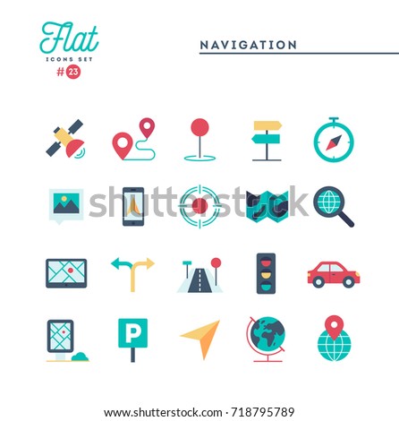 Navigation, direction, maps, traffic and more, flat icons set, vector illustration