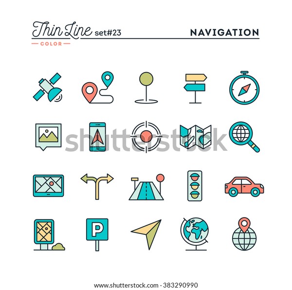 Navigation, direction, maps, traffic\
and more, thin line color icons set, vector\
illustration