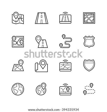 Navigation, direction, maps, traffic thin line icon set