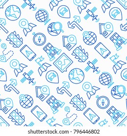 Navigation and direction seamless pattern with thin line icons: pointer, compass, navigator on tablet, traffic light, store locator, satellite. Modern vector illustration.