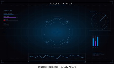 Uma tela de navegação mostra dados de telemetria incluindo altitude, velocidade e outras métricas de voo. O layout inclui gráficos visuais e um sistema de direcionamento em uma interface escura.