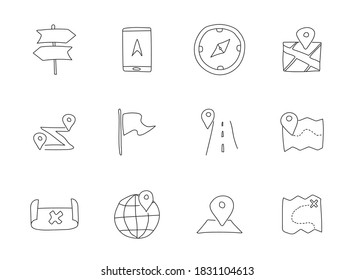 navigation doodles isolated on white. navigation icon set for web design, user interface, mobile apps and print