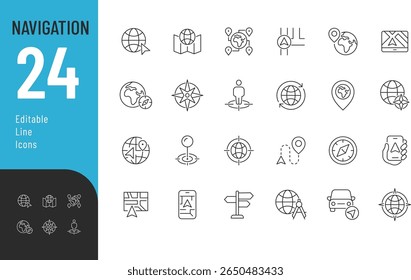 Navigation Editable Icons set. Vector illustration in modern thin line style of location related icons: map, compass, direction, and more. Isolated on transparent background.