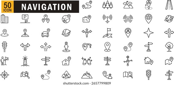 Navigation editable outline icon set. Location, map, pin, direction, route, GPS and more.
