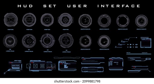 Navigation elements for game user interface HUD. Dialog boxes. Futuristic frames and targets and goals of the title. HUD Video Game Elements