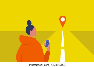 Navigation equipment. GPS geo tag. Young female character holding a smartphone. Traveller. Road. Waiting for a taxi. Flat editable vector illustration, clip art