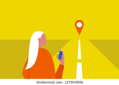 Navigation equipment. GPS geo tag. Young female character holding a smartphone. Traveller. Road. Waiting for a taxi. Flat editable vector illustration, clip art