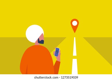 Navigation equipment. GPS geo tag. Young indian male character holding a smartphone. Traveller. Road. Waiting for a taxi. Flat editable vector illustration, clip art