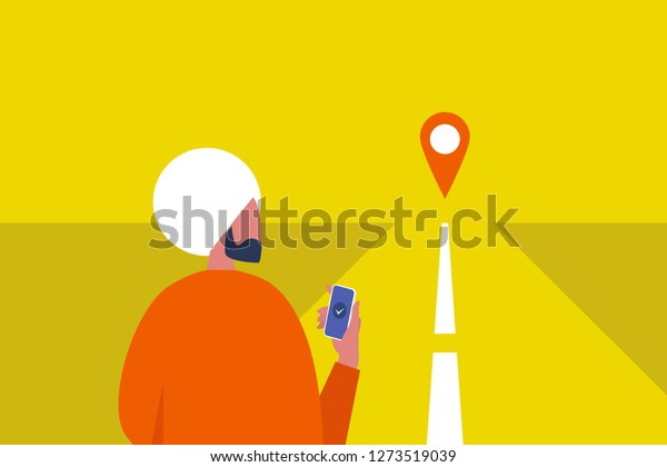 Navigation equipment. GPS\
geo tag. Young indian male character holding a smartphone.\
Traveller. Road. Waiting for a taxi. Flat editable vector\
illustration, clip\
art