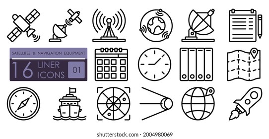 Navigation equipment, satellite communications, GPS positioning technologies. Satellites, wireless technologies, navigation. Set of simple linear icons