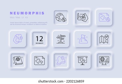 Navigation equipment set icon. GPS, navigator, planet, globe, map, atlas, mariners compass, road sign, pointer, compass, destination, location. Typography concept. Neomorphism. Vector line icon