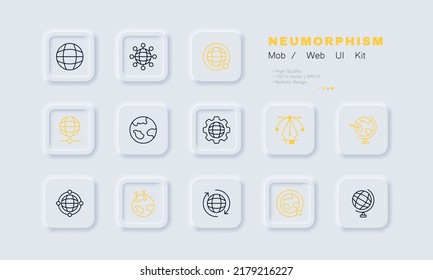 Navigation equipment set icon. Location, gps, globe, map, pointer, satellite, arrows, gear, settings. Geolocation concept. Neomorphism style. Vector line icon for Business and Advertising.