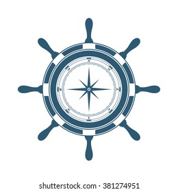 Navigation equipment, steering wheel and compass on a white background. Vector illustration.