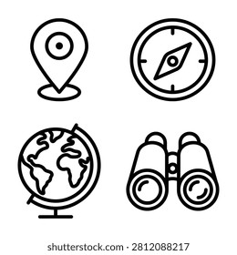 Navigation and exploration tools vector line icon collection with navigation exploration location binoculars direction adventure sightseeing
