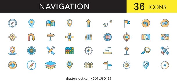 Navigation Flat Color Icon Set – Modern Direction, Map, and GPS Icons for Apps and Interfaces