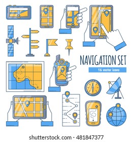 Navigation flat color icons set with map compass satellite dish and navigation app on mobile screen isolated vector illustration