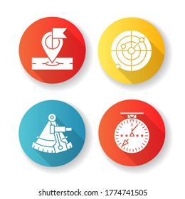 Navigation flat design long shadow glyph icons set. Navigation in sea, sky and on land. GPS location, astronomical sextant, marine and aeronautical radar. Silhouette RGB color illustration