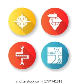 Navigation flach Design langen Schattenglyph-Symbole gesetzt. Moderne Land- und Seeschifffahrt. Windschnur, Ortszeiger, Routennavigator und GPS-Karte. Silhouette RGB Farbillustration