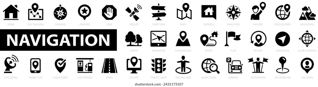 Navigation flat icon set. Location icons. GPS elements, map, compass. map pin, gps, destination, directions, address, route, navigator and more. Editable stroke. Vector illustration.