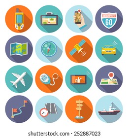 Navigation flat icons set with satellite GPS cell phone system symbols round shadow abstract isolated vector illustration