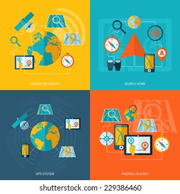 Navigation flat icons set with service search home gps system finding location isolated vector illustration