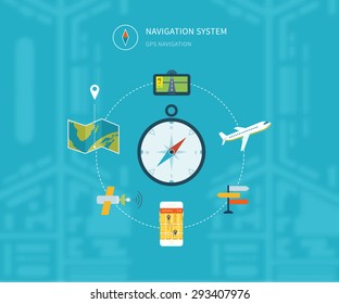 Navigation flat icons set with service search gps. System finding location. Vector illustration concept of  holding smart-phone with mobile navigation. 
