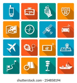 Navigation flat icons set with vessel aircraft position detection system symbol square shadow abstract isolated vector illustration