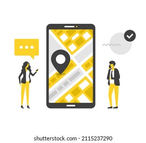 Navigation. Flat vector illustration. Mobile phone, city map and people with smartphones. GPS navigation app, route, traffic app, location, call taxi. Modern concepts. Flat design