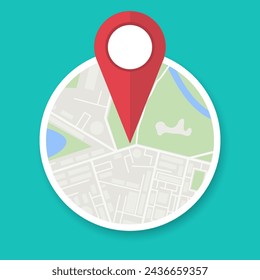 Navigation geolocation icon. Circle city map with red pin, vector illustration in flat design on green background