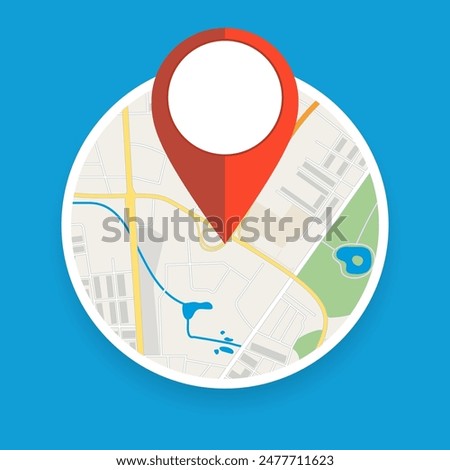 Navigation geolocation icon. Circle city map with red pin, vector illustration in flat design on blue background