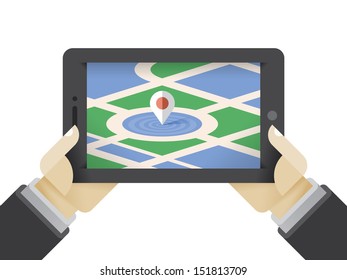 Navigation (Google maps) application program screen on tablet computer in tourist hands, map pin pointer icon symbol showing location address Concepts: GPS technology apps, travel, holidays, tourism