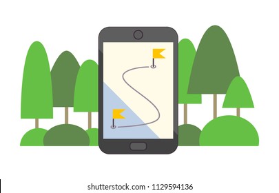 Navigation. Gps navigation app on mobile phone.Telephone isolated on background. Tracking system. Vector illustration. Flat style