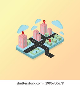 Navigation or GPS concept. Isometric mobile or smartphone with pink and green building and nature park with road and a red pin on yellow background. Map of the city for travel and delivery. 