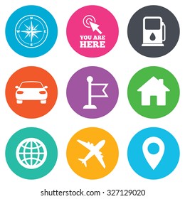 Navigation, gps icons. Windrose, compass and map pointer signs. Car, airplane and flag symbols. Flat circle buttons. Vector