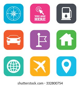 Navigation, gps icons. Windrose, compass and map pointer signs. Car, airplane and flag symbols. Flat square buttons. Vector
