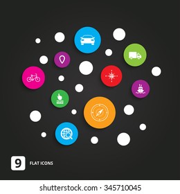 Navigation, gps icons. Windrose, compass and map pointer signs. Bicycle, ship and car symbols. Flat circle buttons with icons on black.