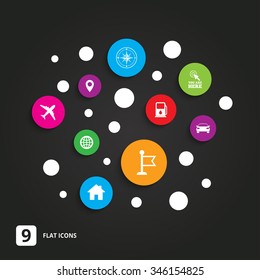 Navigation, gps icons. Windrose, compass and map pointer signs. Car, airplane and flag symbols. Flat circle buttons with icons on black.