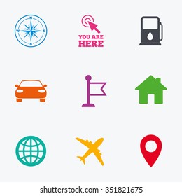 Navigation, gps icons. Windrose, compass and map pointer signs. Car, airplane and flag symbols. Flat colored graphic icons.