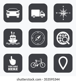 Navigation, gps icons. Windrose, compass and map pointer signs. Bicycle, ship and car symbols. Flat square buttons with rounded corners.