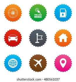 Navigation, gps icons. Windrose, compass and map pointer signs. Car, airplane and flag symbols. Stars label button with flat icons. Vector