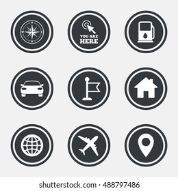 Navigation, gps icons. Windrose, compass and map pointer signs. Car, airplane and flag symbols. Circle flat buttons with icons and border. Vector