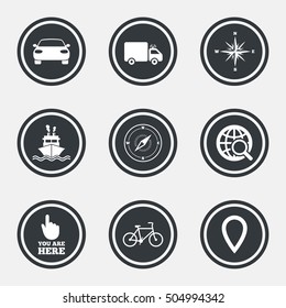 Navigation, gps icons. Windrose, compass signs.