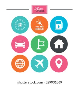 Navigation, gps icons. Windrose, compass and map pointer signs. Car, airplane and flag symbols. Colorful flat buttons with icons. Vector