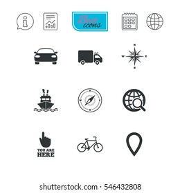 Navigation, gps icons. Windrose, compass and map pointer signs. Bicycle, ship and car symbols. Report document, calendar and information web icons. Vector