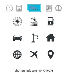 Navigation, gps icons. Windrose, compass and map pointer signs. Car, airplane and flag symbols. Report document, calendar and information web icons. Vector