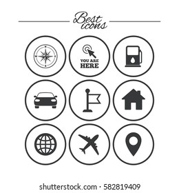 Navigation, gps icons. Windrose, compass and map pointer signs. Car, airplane and flag symbols. Classic simple flat icons. Vector