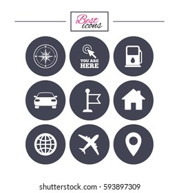 Navigation, gps icons. Windrose, compass and map pointer signs. Car, airplane and flag symbols. Classic simple flat icons. Vector