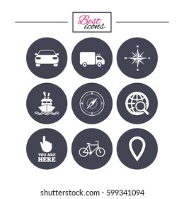 Navigation, gps icons. Windrose, compass and map pointer signs. Bicycle, ship and car symbols. Classic simple flat icons. Vector
